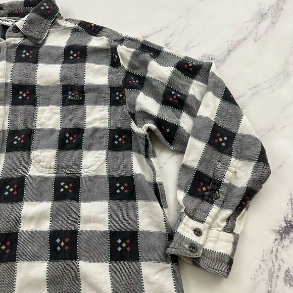 Krazy Kat Womens Vintage 90s Flannel Plaid Shirt Size L Gray White Button Front - Picture 3 of 11